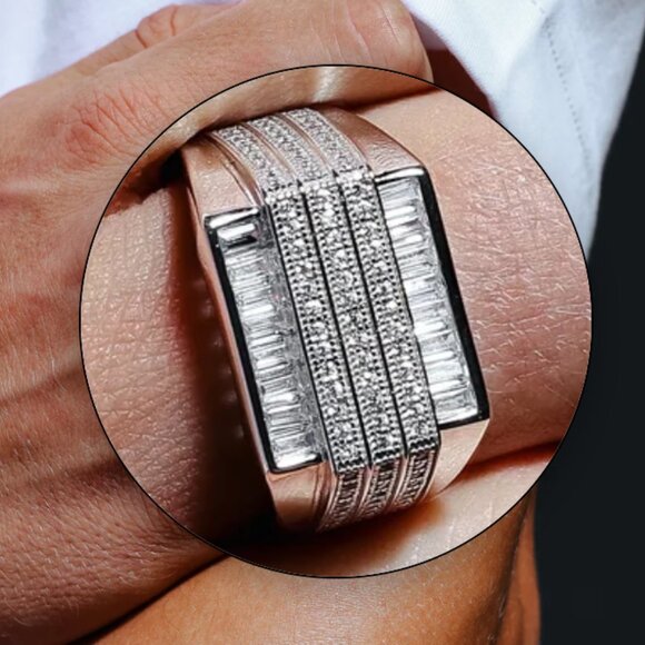 Sterling Silver 925 Rhodium Plated 3 Bar CZ Ring - Picture 4 of 5